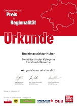 Urkunde Nominirung Regionalitätspreis 2017 