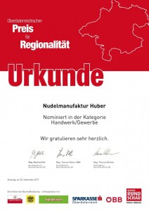 Urkunde Nominierung OÖ Regionalitätspreis 2017